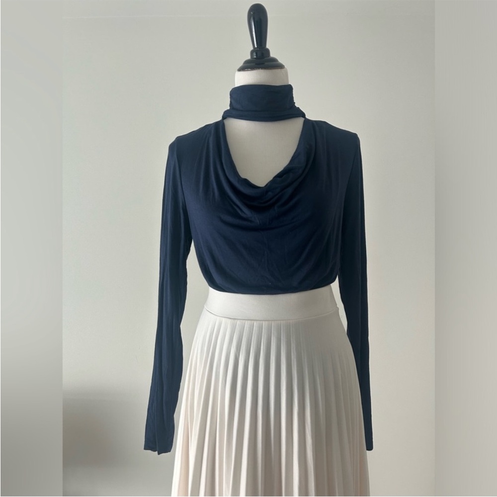 Worthington L Navy Long Sleeve drape Neck Top with cut out